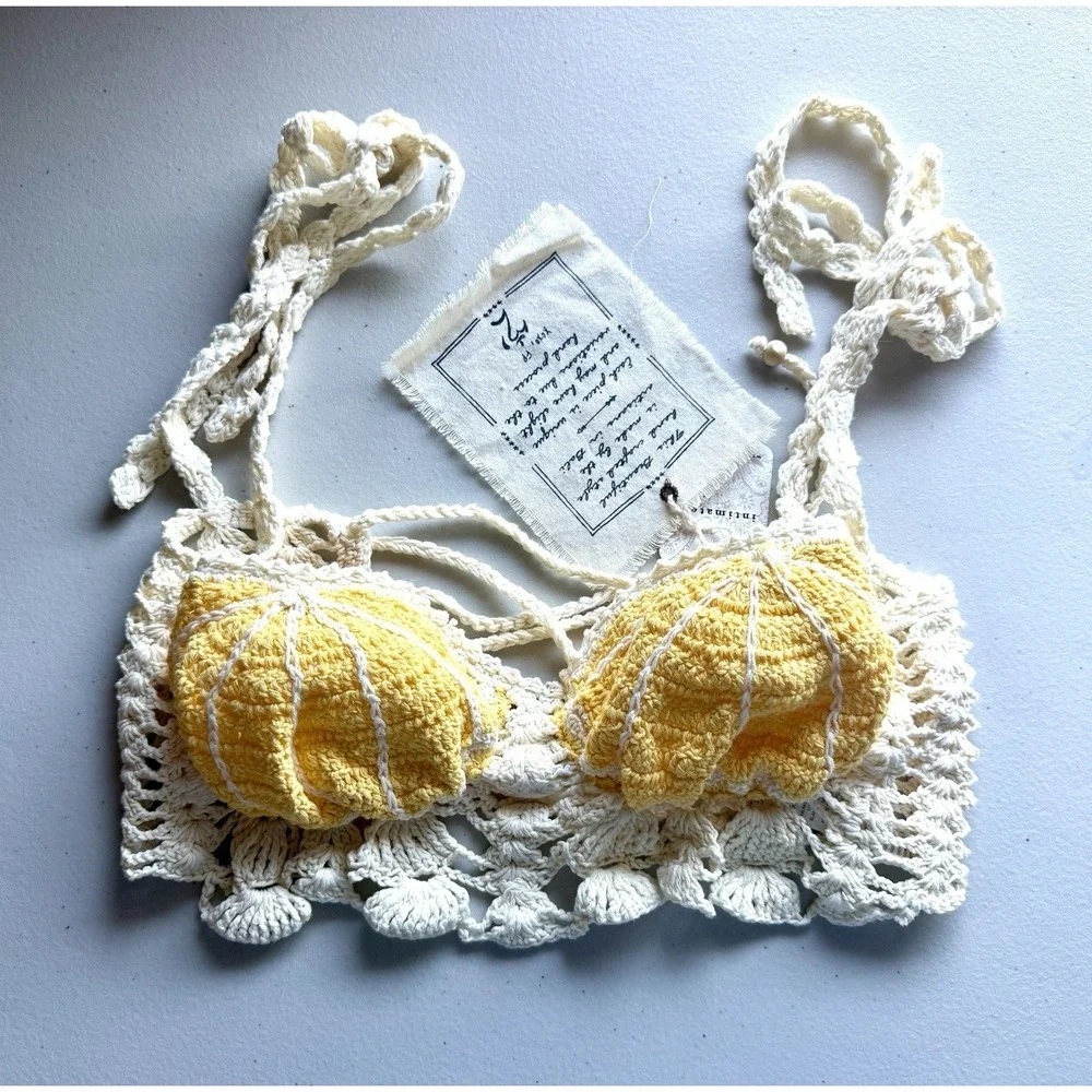 Free People Intimately Sweet On You Crochet Bra Top Ivory Yellow Lace Up S NWT